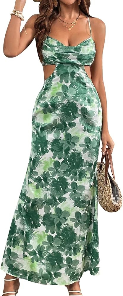 Milumia Women's Floral Cut Out Backless Dress Ruched Sleeveless Long Cocktail Party Dresses | Amazon (US)