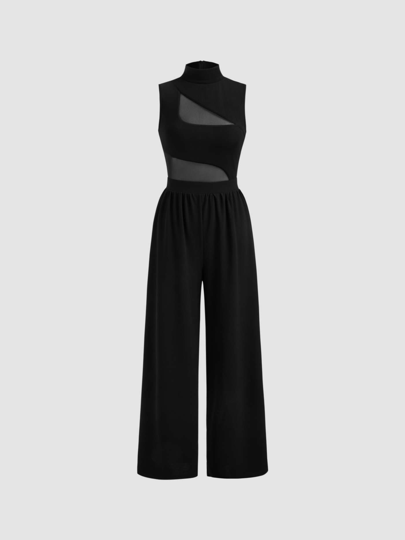 High Neck Solid Cut Out Patched Wide Leg Jumpsuit | Cider
