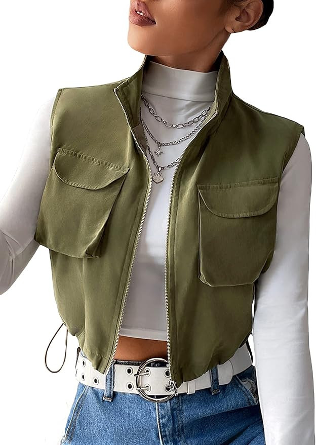 Verdusa Women's Zip Up Lightweight Padded Crop Vest Jacket Fall Clothes Stand Collar Gilet with F... | Amazon (US)