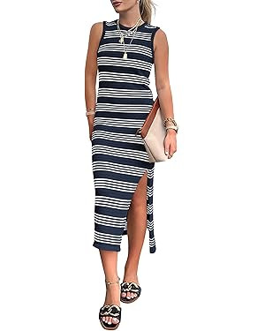 PRETTYGARDEN Women's Summer Bodycon Sundresses Casual Midi Sleeveless Hollow Out Knit Side Slit S... | Amazon (US)