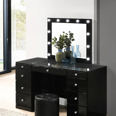 1Pc Glam Makeup Vanity Table Glass Top 9 Drawers Knobs Black Wooden Bedroom Furniture, Makeup Vanity | Wayfair North America
