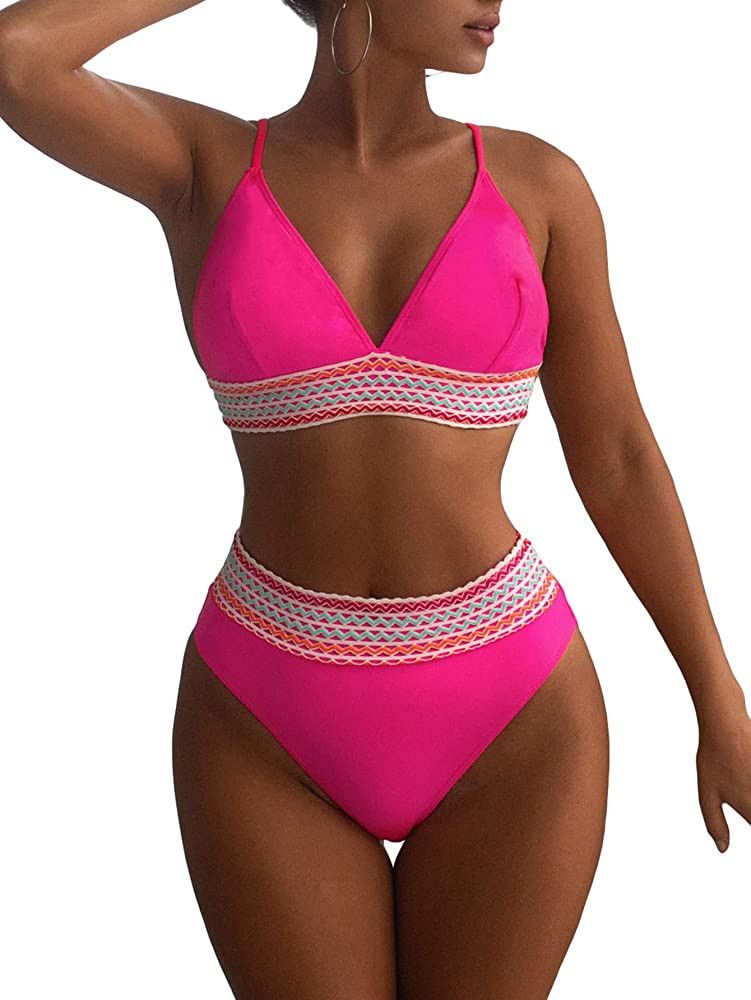 MakeMeChic Women's 2 Piece Bathing Suits Contrast Geo Print High Waisted Ribbed Bikini Swimsuit | Amazon (US)