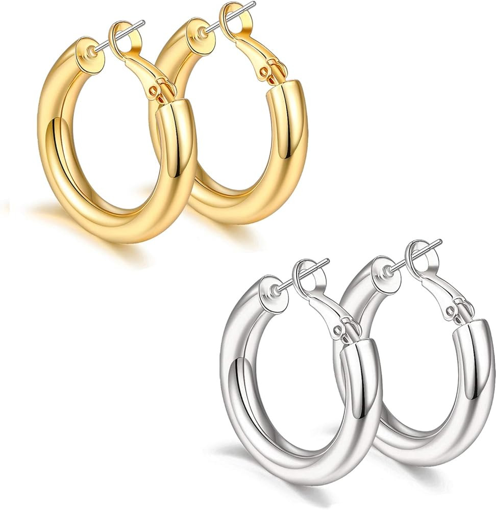 sovesi Chunky Gold Hoop Earrings for Women with 925 Sterling Silver Post, 14K Gold Plated Small T... | Amazon (US)