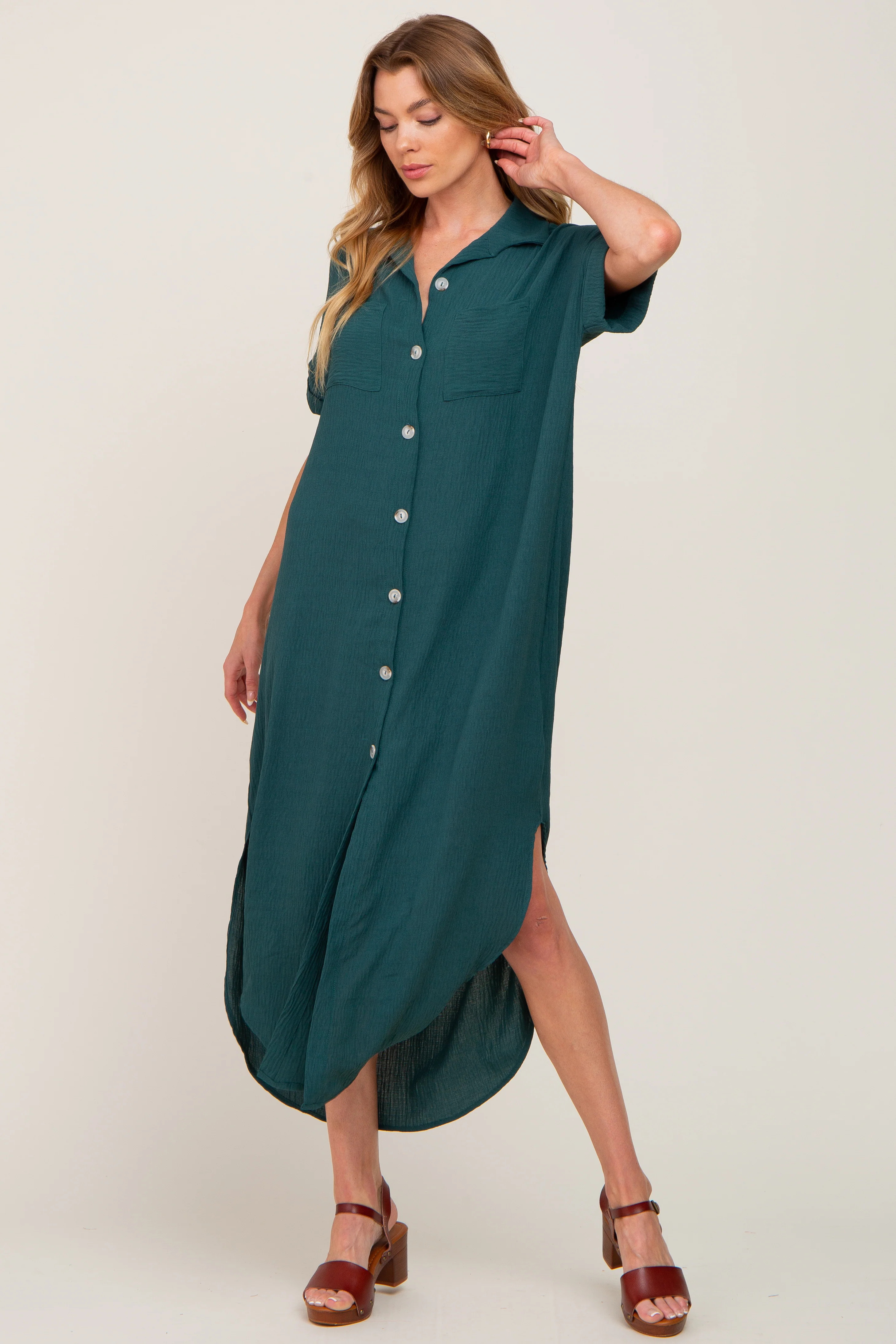 Forest Green Button Down Hi Low Maxi Dress | PinkBlush Maternity