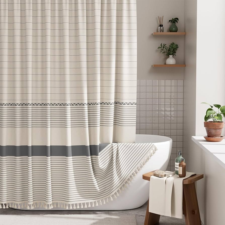 AmazerBath Boho Shower Curtain Set, Grey Shower Curtain with Tassels, Rustic Faux Linen Gray Stri... | Amazon (US)