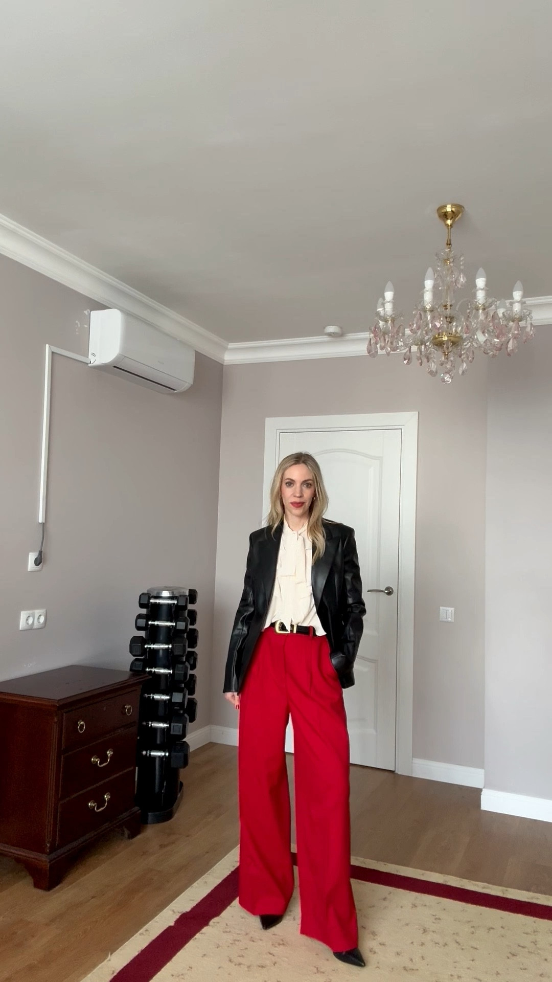 Workwear outfit, office look, faux leather blazer, ruffle blouse, Ralph Lauren, red wide leg pants 

#LTKWorkwear #LTKootd #LTKOver40
