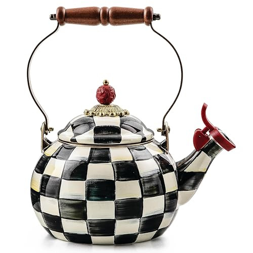 MACKENZIE-CHILDS Enamel Whistling Tea Kettle, Decorative Teapot, Black-and-White Courtly Check | Amazon (US)