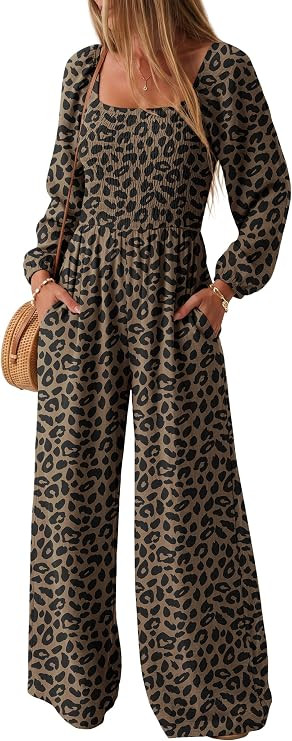 Lepunuo Womens Overalls Fall Long Sleeve Wide Leg Long Pant Rompers | Elastic Waist, Shoulder Str... | Amazon (US)