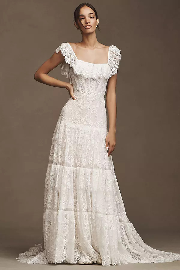 RISH Lauren Square-Neck A-Line Tiered Lace Wedding Gown | Anthropologie (US)