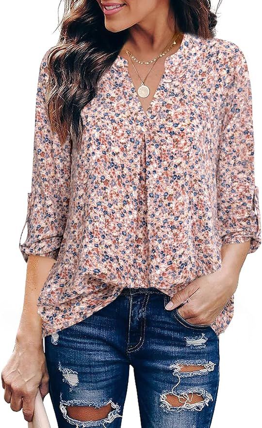 Gaharu Women's Blouses 3/4 Sleeve Work Shirt Chiffon Tunic Top Office Wear | Amazon (US)