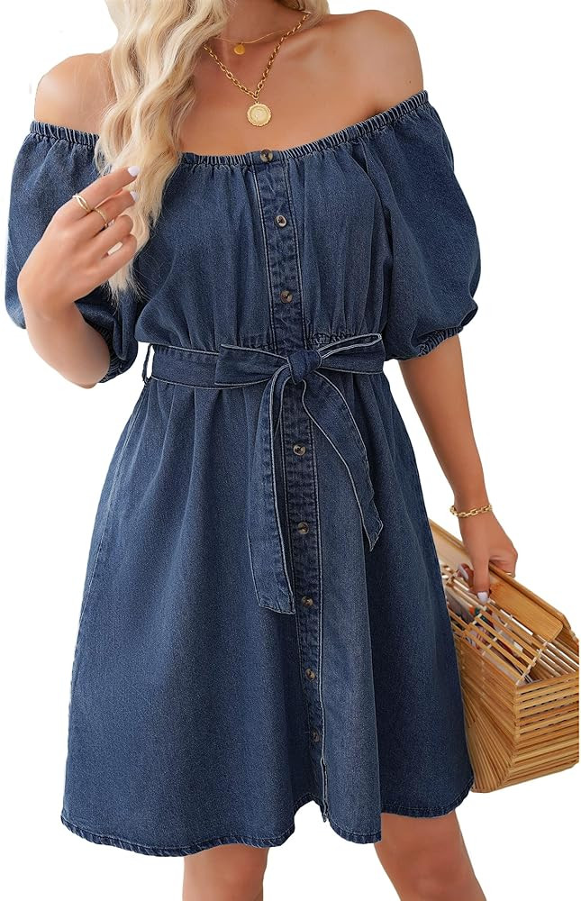 luvamia Denim Dress for Women Off The Shoulder Dresses Puff Sleeve Elastic Waist A Line Short Wes... | Amazon (US)