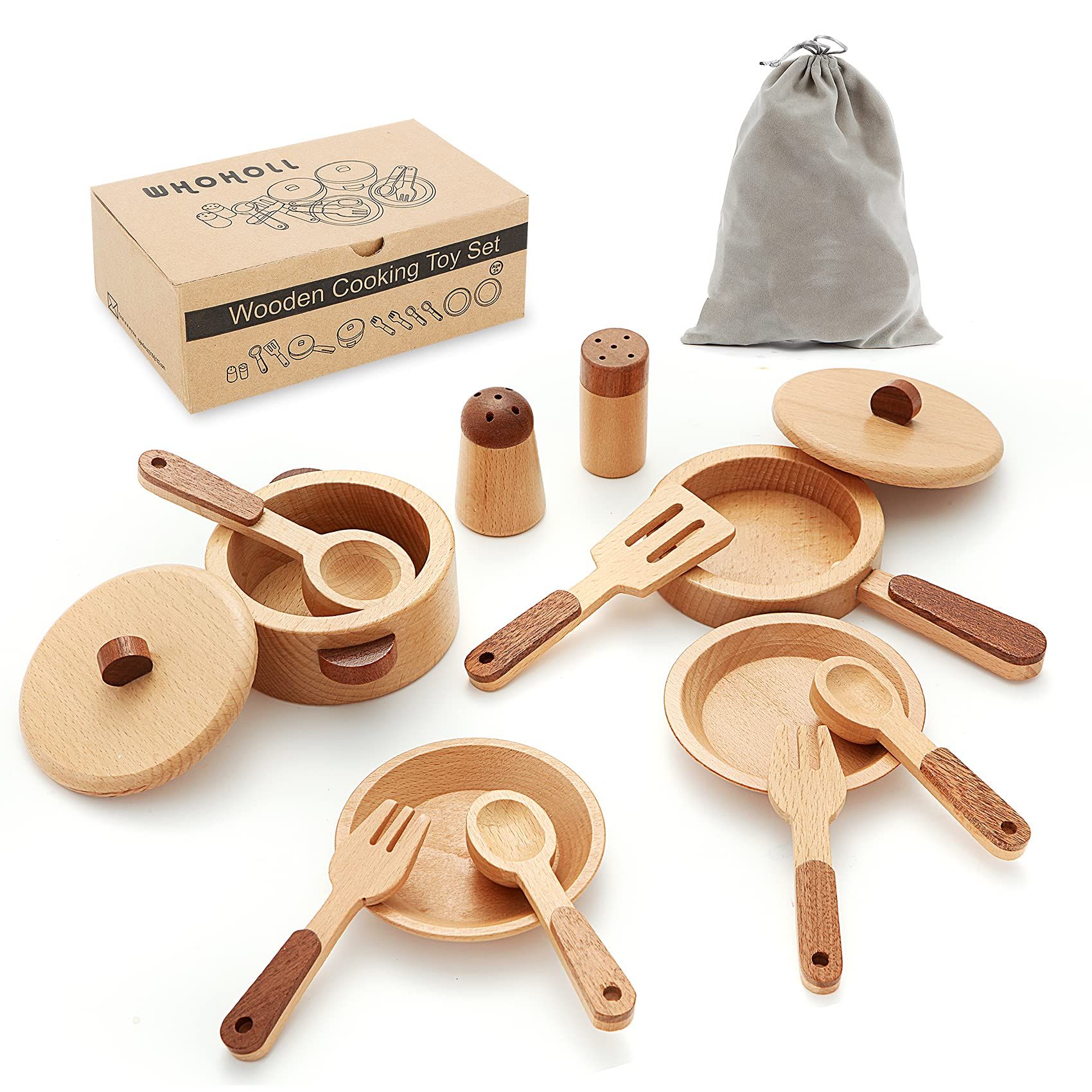 WHOHOLL Play Kitchen Accessories, Wooden Play Set Cookware Plates Dishes Play Kitchen Toys Pots Pans | Amazon (US)