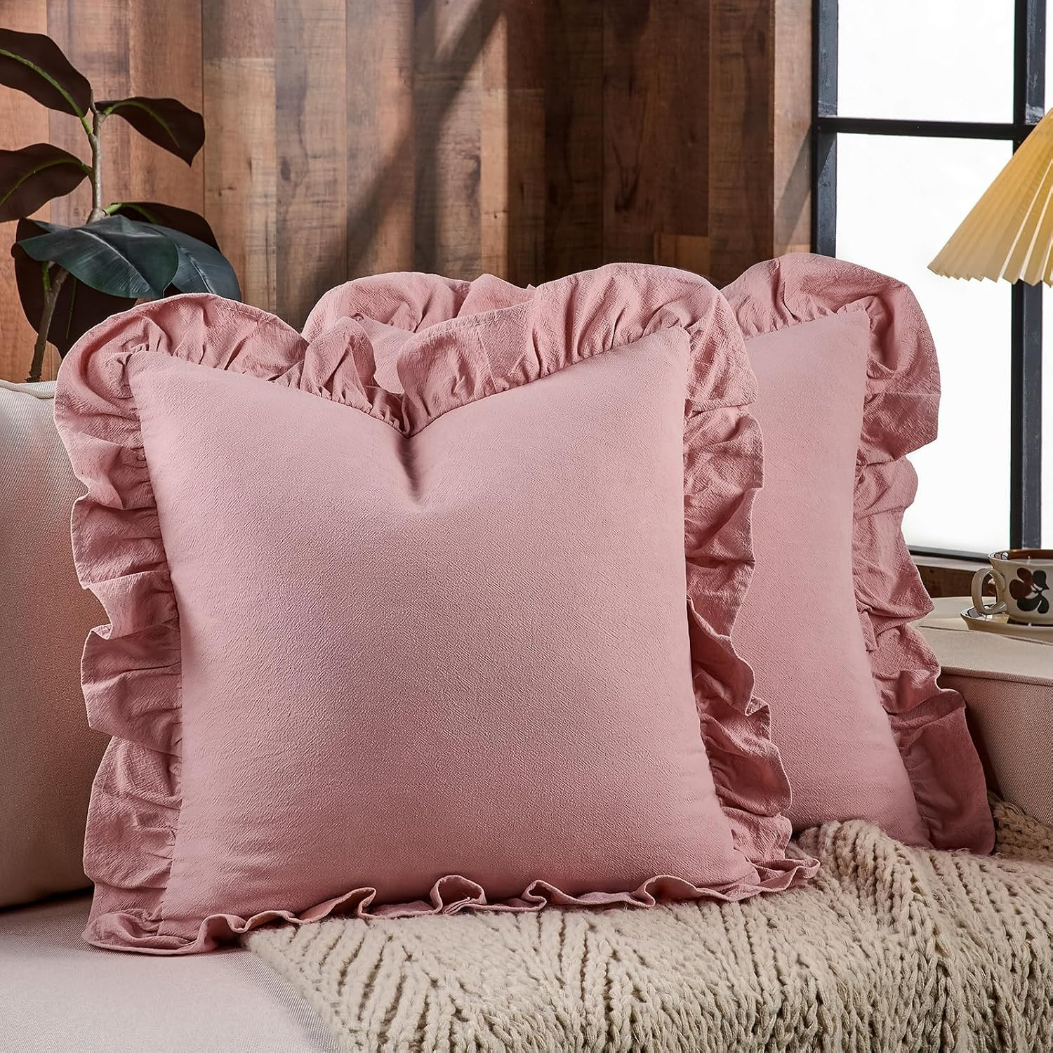 Pack of 2 Throw Pillow Covers 100% Cotton Pre Washed Ruffle Decorative Pillowcase Cushion for Couch Sofa Bedroom 20 x 20-Inch Bridal Rose | Amazon (US)