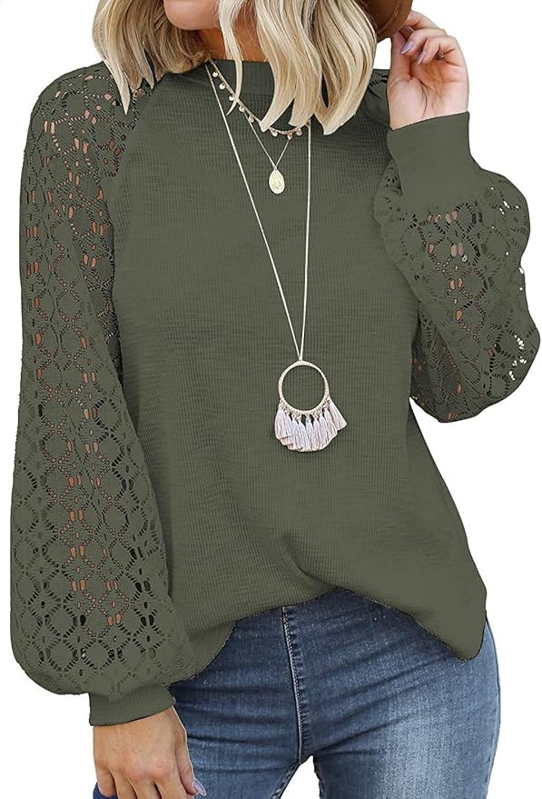 YESNO Women Trendy Blouses Casual Loose Knit Tops Pullover Hollow-Out Lace Long Sleeve Shirts TY3 | Amazon (US)