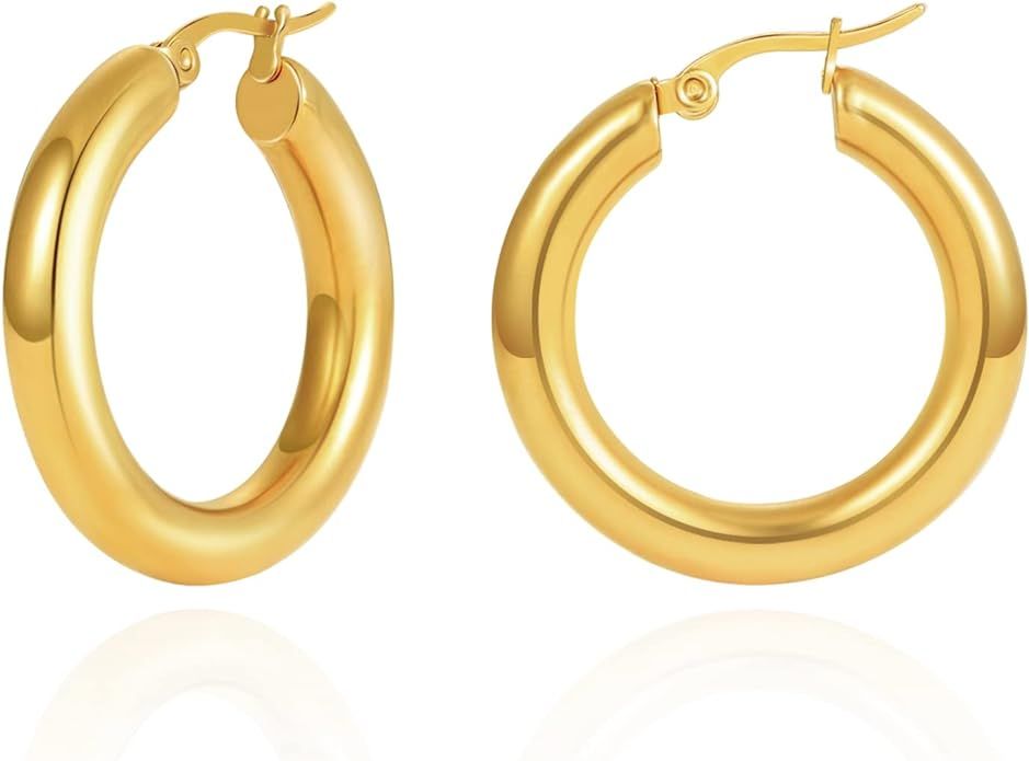 Chunky Gold Hoop Earring for Women, 18K Gold Plated Lightweight Thick Gold Hoops Earrings, Hypoal... | Amazon (US)