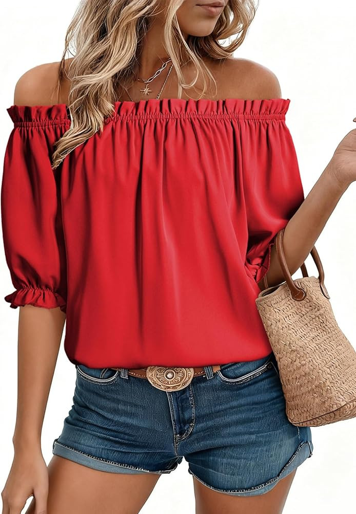 EVALESS Womens Tops Off The Shoulder Blouses for Women Dressy Casual Cute Puff Sleeve T Shirts Fa... | Amazon (US)