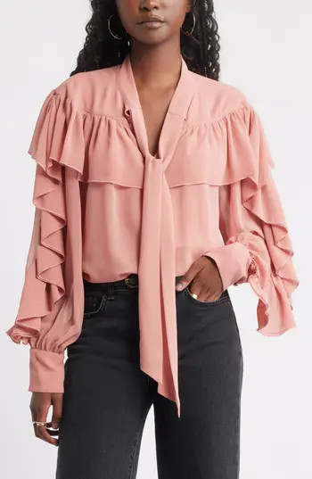 Treasure & Bond Tie Neck Ruffle Chiffon Top in Pink Desert at Nordstrom Rack, Size Xx-Small | Nordstrom Rack