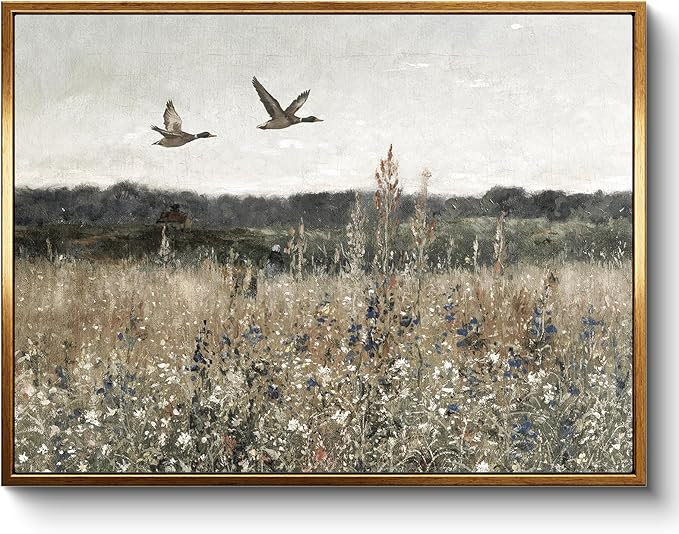 InSimSea Golden Framed Vintage Flying Birds and Flower Fields Wall Art, Nature Wildflower Landsca... | Amazon (US)