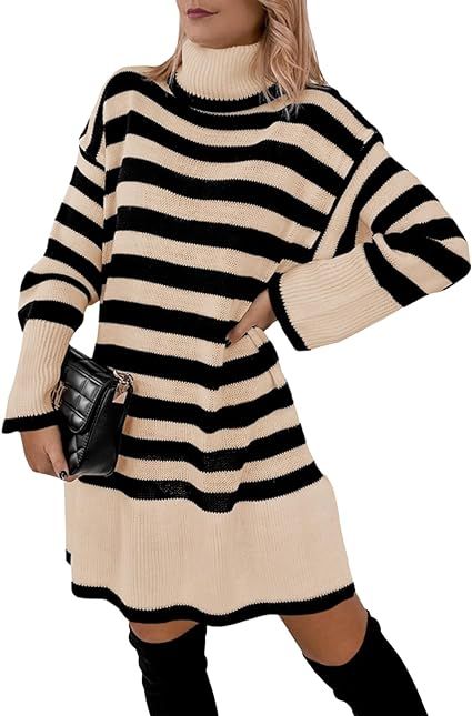 Langwyqu Women's Striped Turtleneck Sweater Dress Long Sleeve Loose Knit Fall Casual Soft Pullove... | Amazon (US)