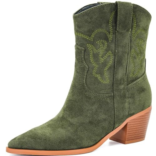 iiimmu Cowgirl Boots Women Short Boots Pointed Toe and Block Heel Ankle Boots Cowboy Suede Boots with Embroidered, Green, Size 9.5 | Amazon (US)