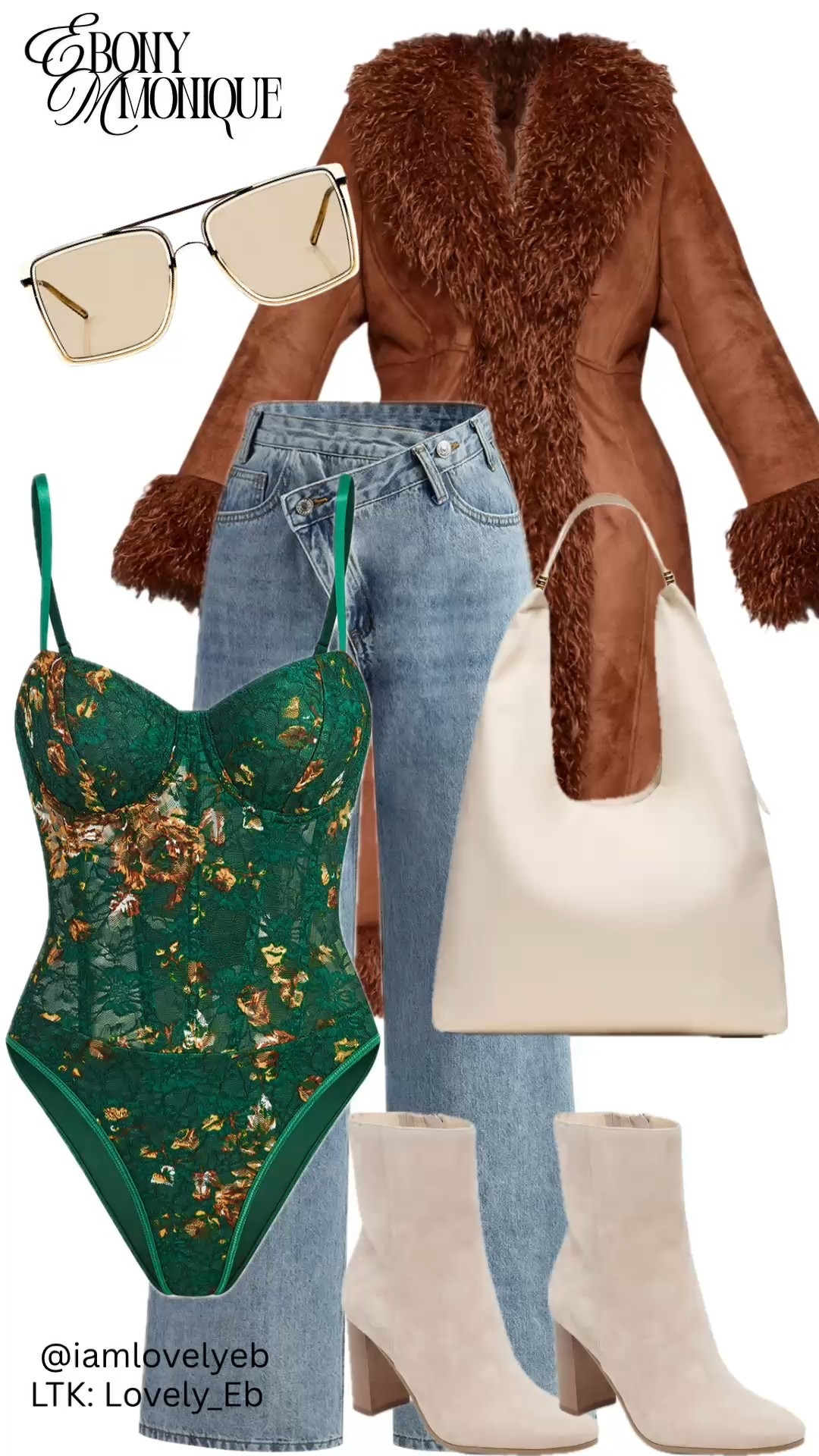Statement bustier paired with straight leg denim jeans with an asymmetric waste. For cooler weather, completed the look with suede boots in a contrasting color and a suede coat with fur trim.

#LTKU #LTKootd