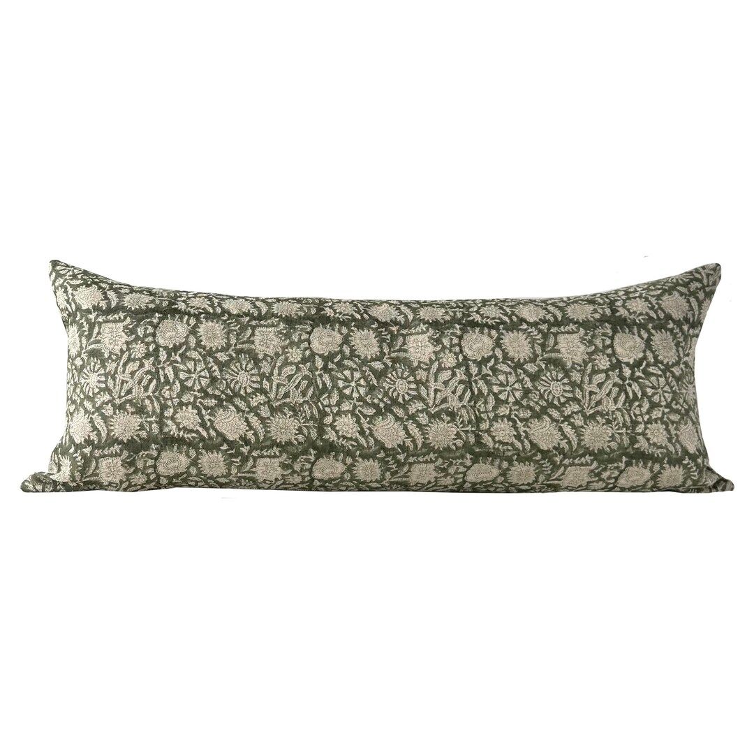 14x36 Green Floral Block Print Lumbar Pillow - Etsy | Etsy (US)