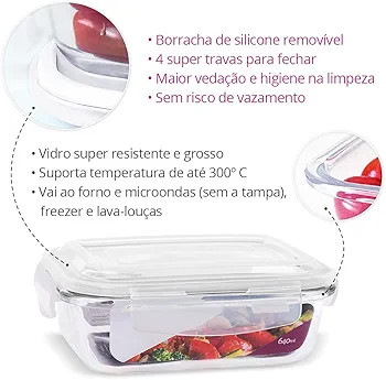 KIT 4 Potes de Vidro Retangular com Tampa Hermética 640ml Cor:Branco (QH) | Amazon (BR)