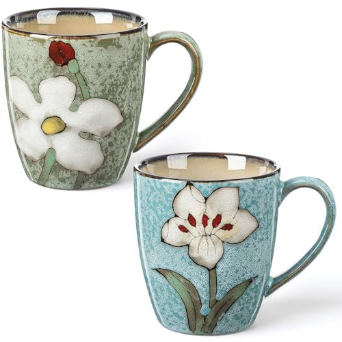 Maxdot 2 Pcs 12oz Ceramic Coffee Mugs Sets Glazing Process Cappuccino Mug Floral Ceramic Tea Cups Mother's Day Idea Gift for Women Mom Porcelain Cup for Coffee, Cocoa, Tea, Latte (Fresh) | Amazon (US)