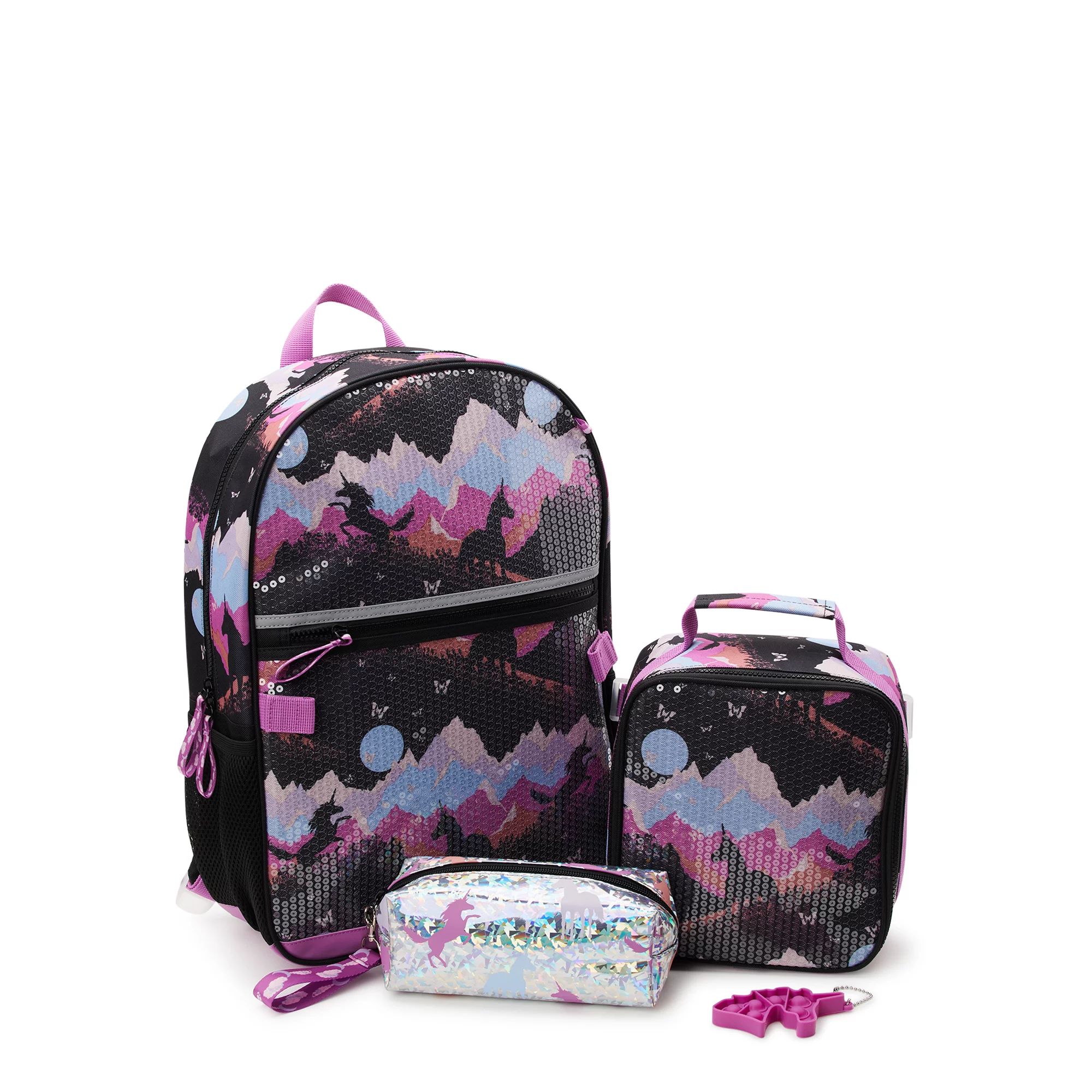 Wonder Nation Kids 17" Laptop Backpack and Lunch Tote Set, 4-Piece, Magical Meadows Print Black S... | Walmart (US)