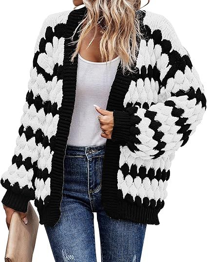 KIRUNDO Womens Cardigan Fall Fashion Lantern Sleeve Open Front Striped Color Block Loose Cable Kn... | Amazon (US)