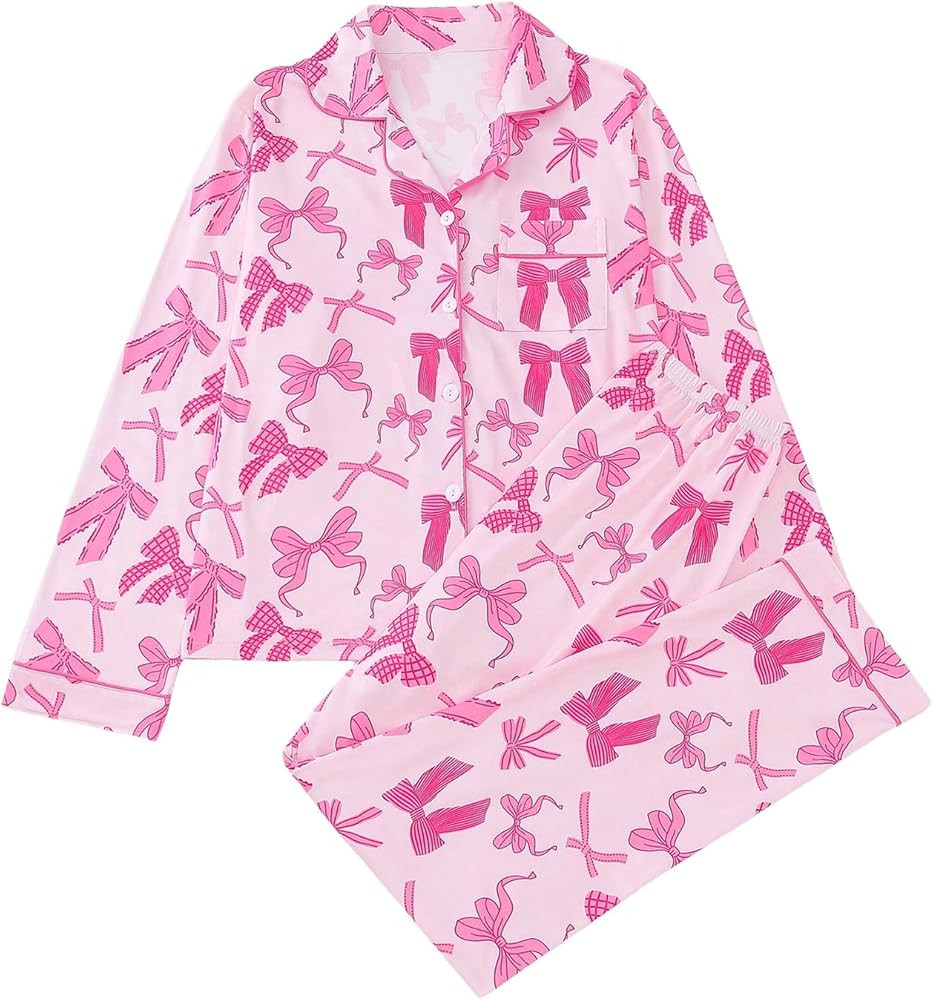 Verdusa Women's 2 Piece Bow Pajama Set Long Sleeve Button Down Shirt and Pants Lounge Set | Amazon (US)