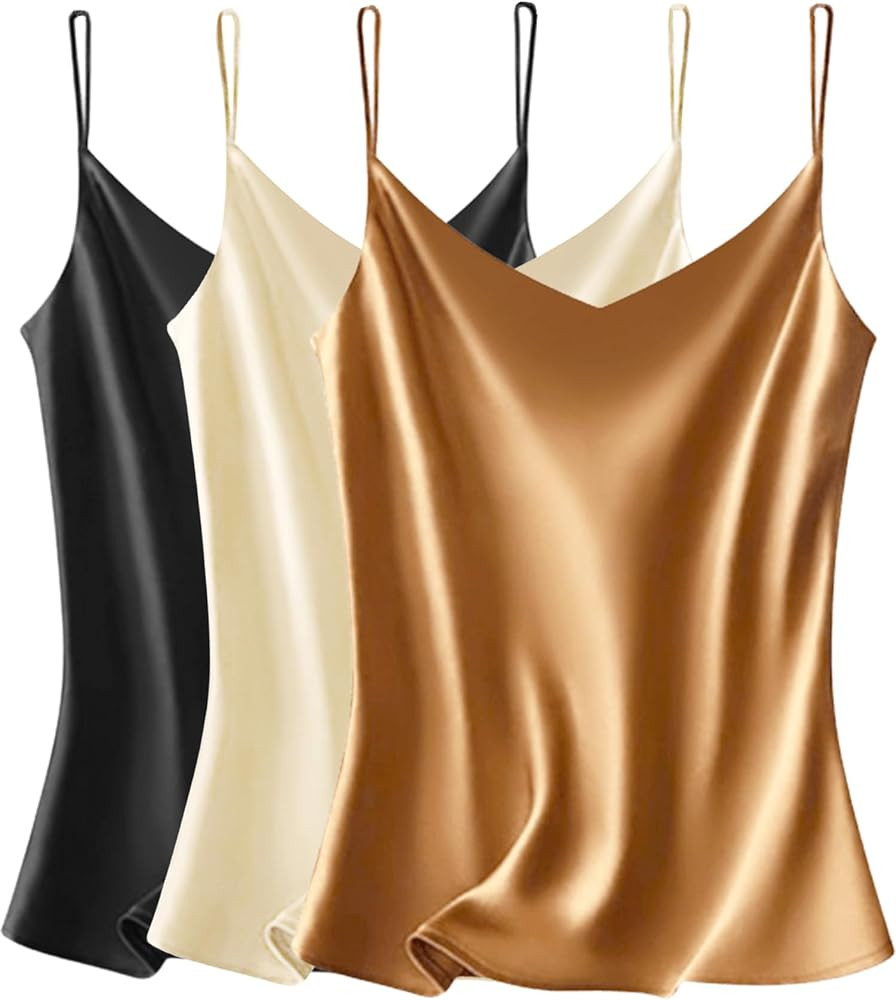 VIDUSSA Sexy Tank Tops Womens Satin Cami Top Pack V Neck Camisole Spaghetti Strap Tank Loose Slee... | Amazon (US)