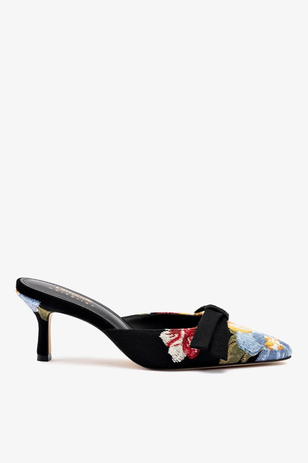Larroudé x Markarian Mule In Black Wool and Floral Embroidery | Larroude