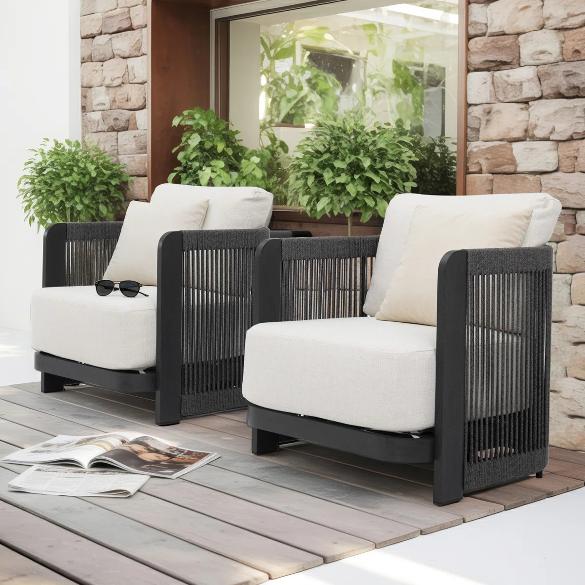 Modern Rope Woven Patio Chair with Aluminum Frame and Wood Grain;Weather-Resistant Outdoor Armcha... | Wayfair North America