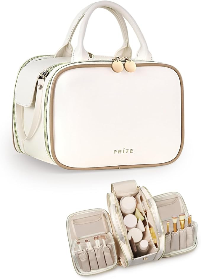 Prite Makeup Bag for Women, Large Capacity Waterproof Travel Cosmetic Organizer, Portable Open Fl... | Amazon (US)