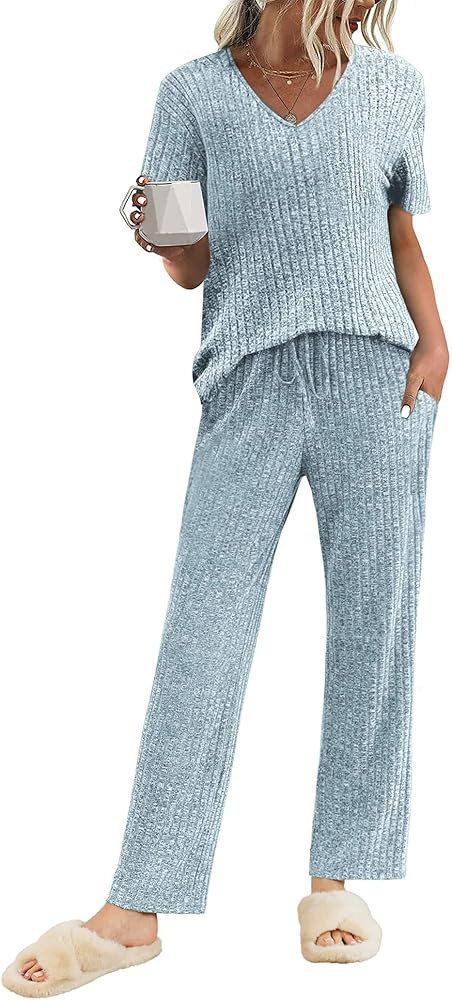Ekouaer Womens Ribbed Knit Lounge Set Short Sleeve Top and Long Pants Sleepwear Pajama Set Two Pi... | Amazon (US)