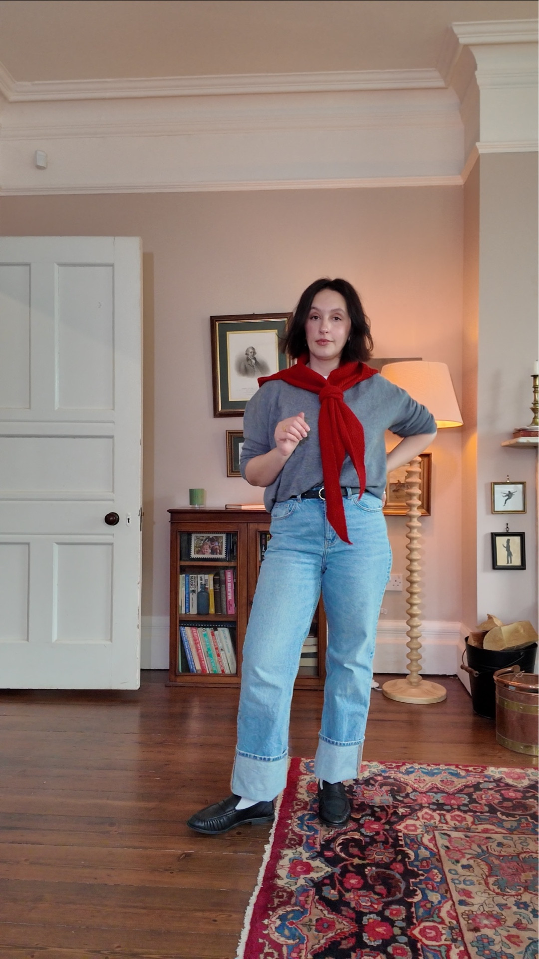 Chatty GRWM 

I think a lot of this will be OOS, so I’ll link similar where I can. 

Straight leg jeans 
Grey jumper 
Belt 
Red scarf 
Loafers 

#LTKmidsize #LTKwinter #LTKuk