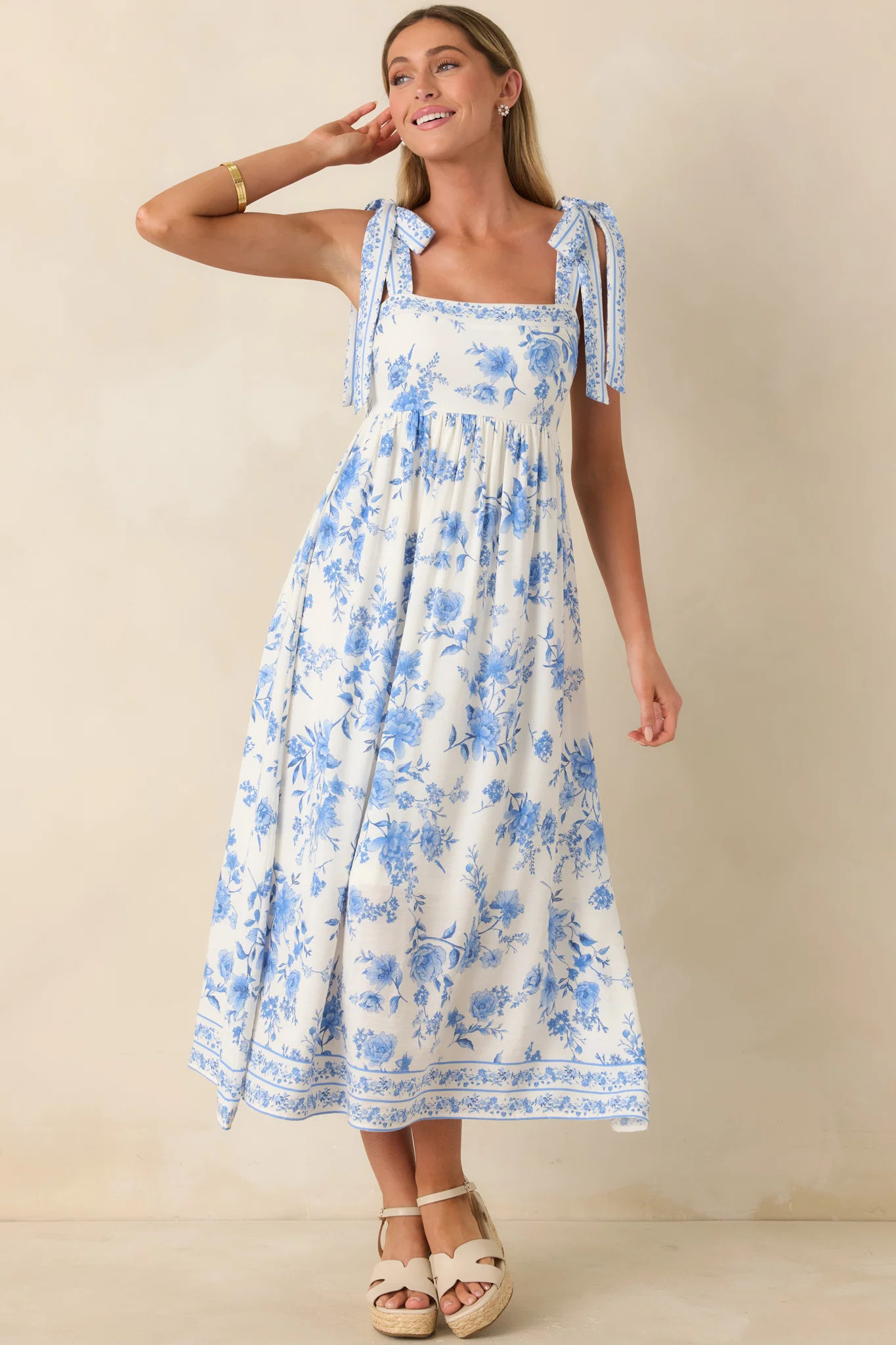 Where Grace Grows Blue Floral Tie Strap Maxi Dress | Red Dress