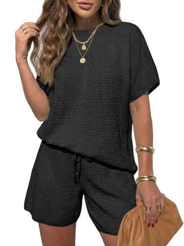Fisoew Womens 2 Piece Lounge Sets 2026 Summer Short Sleeve Knit Sweater Loose Shorts Set Casual Matching Travel Outfits | Amazon (US)