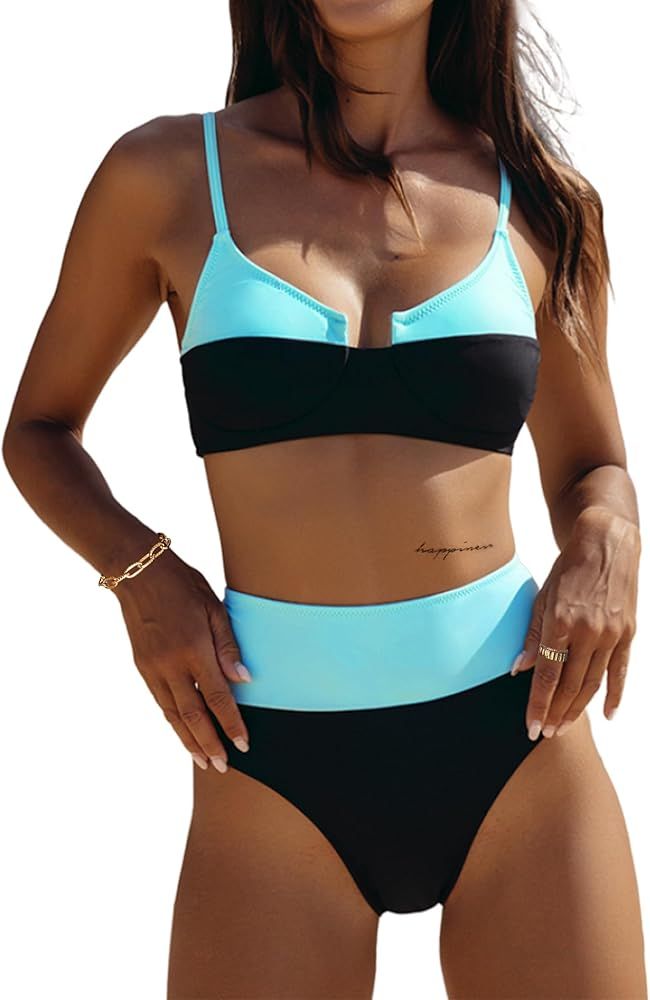 Hilinker Women's High Waisted Bikini Sets Color Block Swimsuit 2 Piece Bathing Suit | Amazon (US)