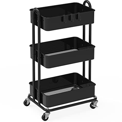 Simple Houseware 3-Tier Heavy Duty Metal Utility Rolling Cart, Black | Amazon (US)