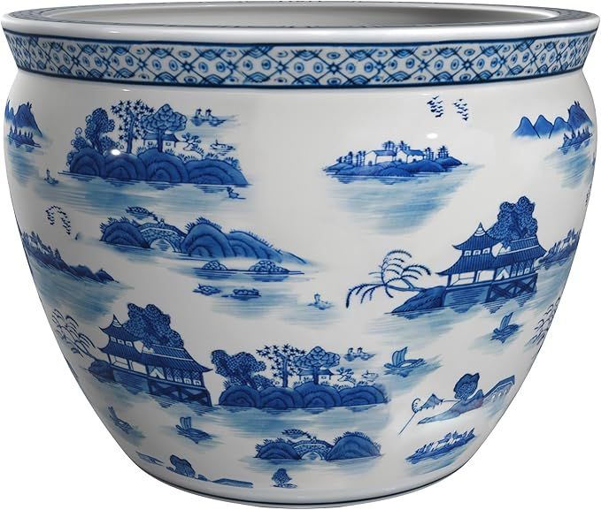 Oriental Furniture 12" Landscape Blue & White Porcelain Fishbowl | Amazon (US)