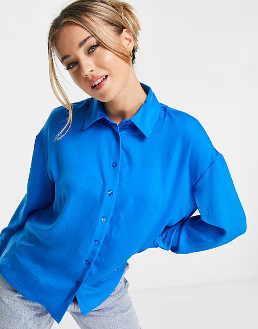 Stradivarius oversized satin shirt in bright blue | ASOS | ASOS (Global)