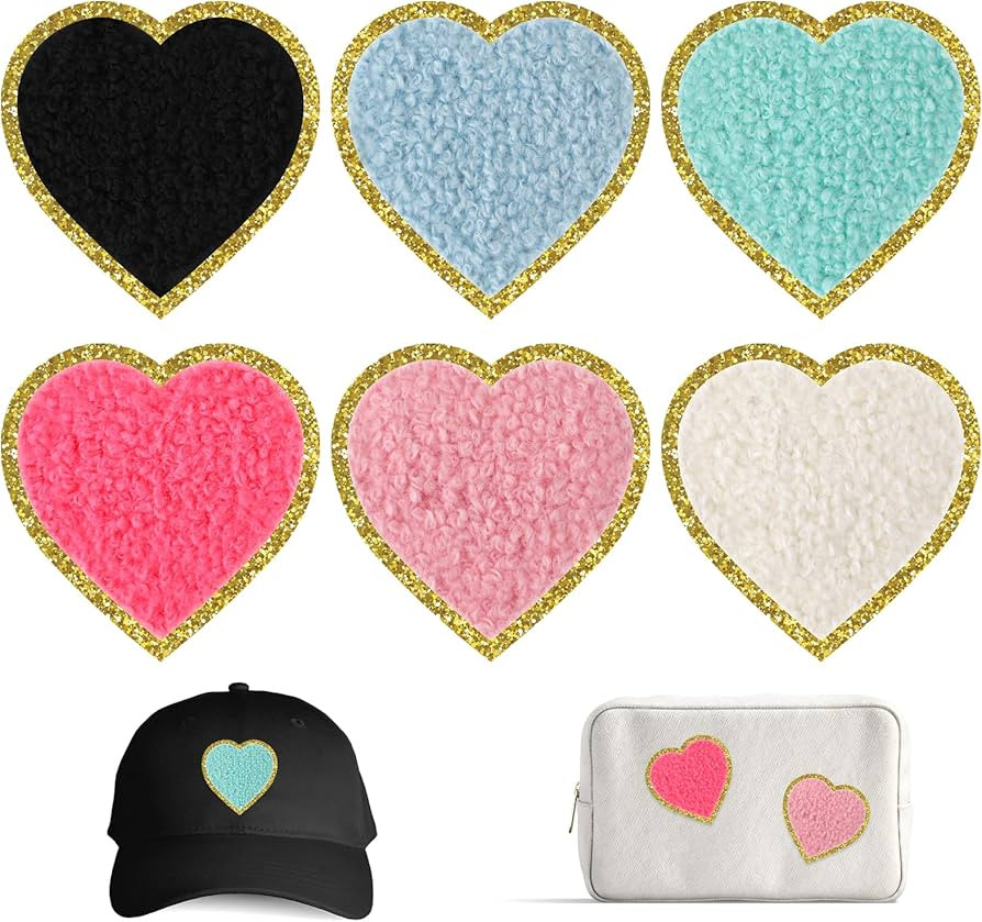 Hearts Patches Glitter Chenille, 6 Pcs Heart Shaped Iron On with Gold Sequin Border, Colorful Sel... | Amazon (US)