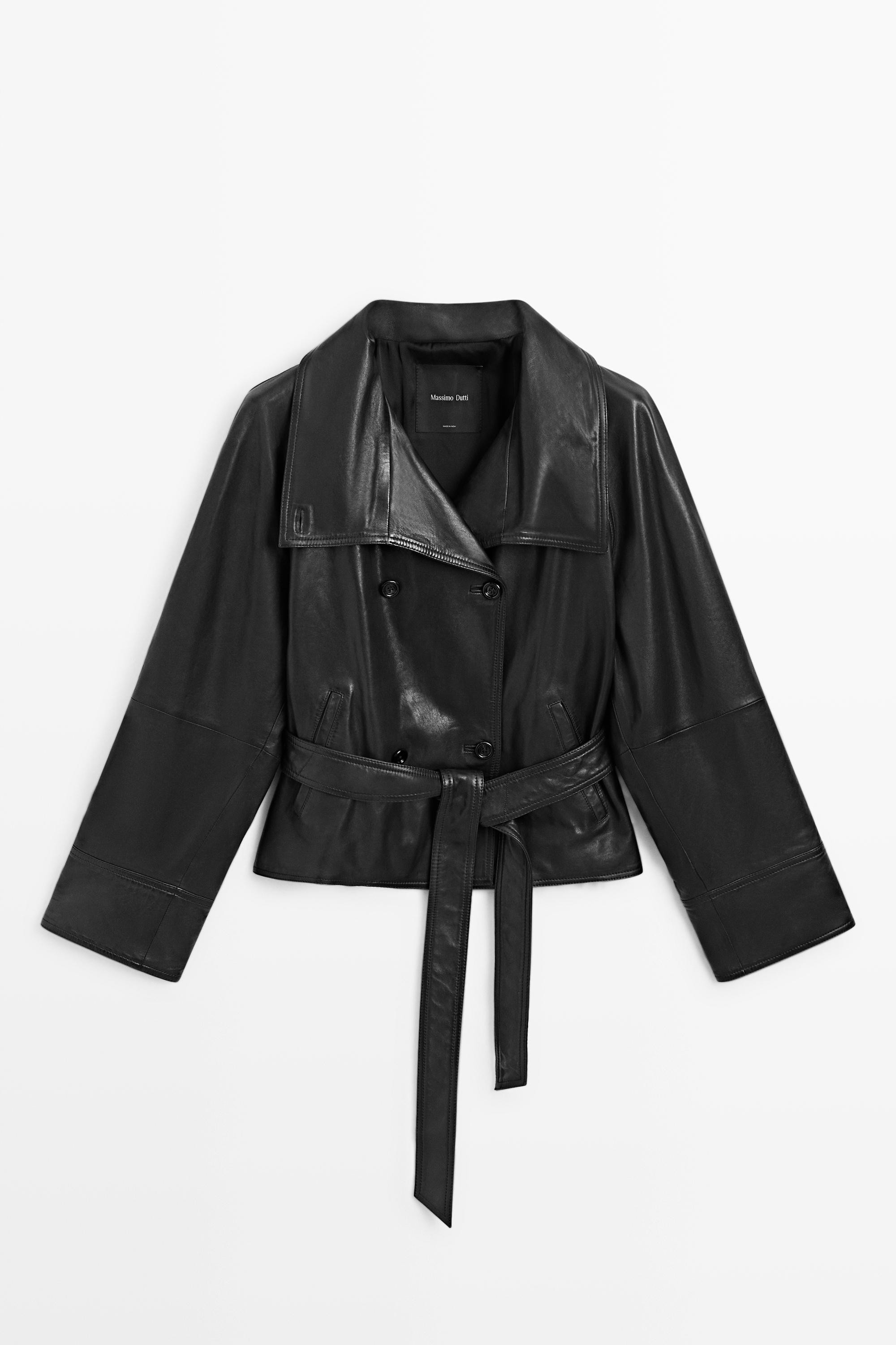 Short leather jacket with belt | Massimo Dutti UK