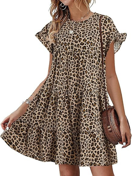 Chuanqi Womens Ruffles Boho Floral Printed Babydoll Loose Swing Casual Short Mini T-Shirt Dress | Amazon (US)