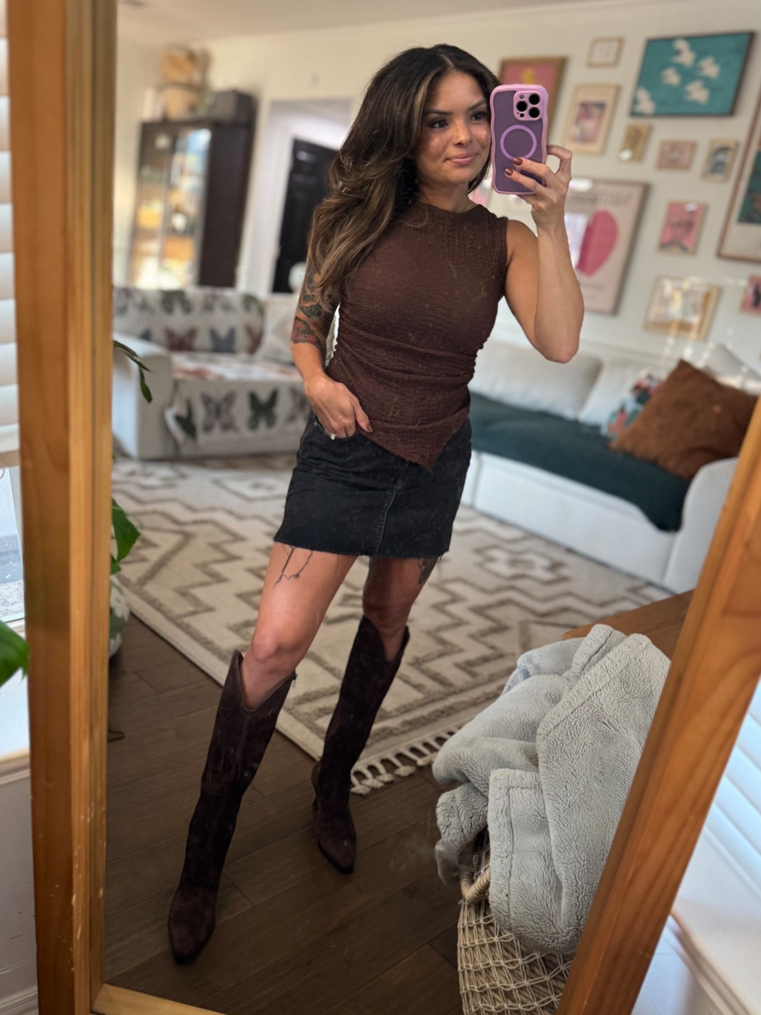 Neutral fall outfit mixing brown + black for a chic everyday look. Shop this cozy + trendy fall style

Stats: 
5ft 120lbs 
Wearing size small on top 
Size 27 in skirt 
Size 6 in boots (they run narrow) 

#FallOutfitInspo #BrownAndBlackStyle #FallFashion2025 #OOTDFall #LTKFallLooks #CozyChicStyle #EffortlessOutfits #FallWardrobeGoals #LTKStyle #EverydayOutfitIdeas

#LTKStyleTip #LTKSeasonal #LTKPetite