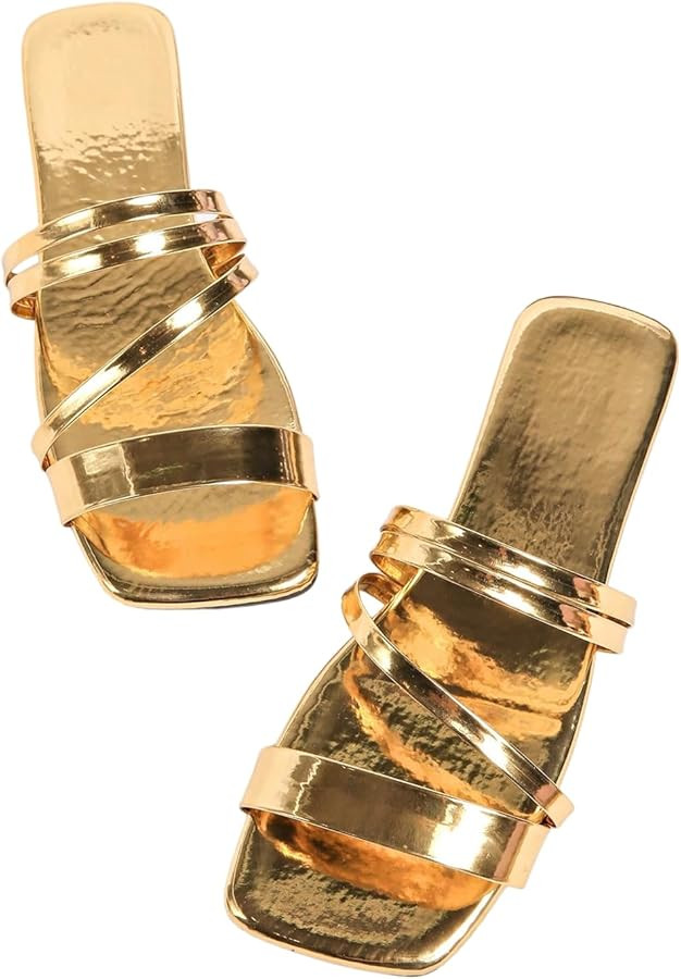 OYOANGLE Women's Metallic Strappy Square Open Toe Slide Sandals Non Slip Fancy Flats Summer Sanda... | Amazon (US)