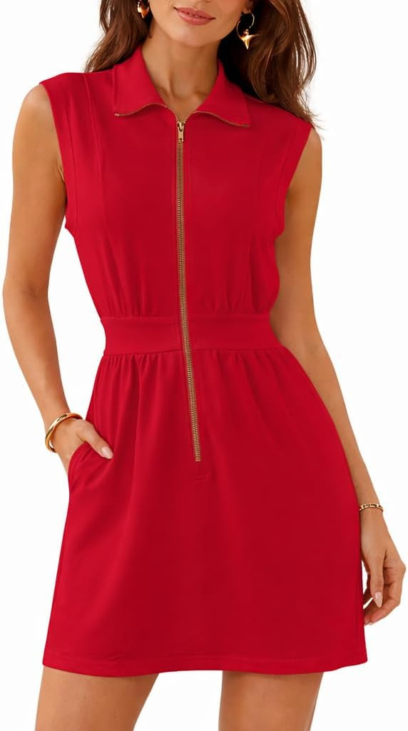 materasu Women Sleeveless Zip Front Casual Dress with Pocket High Waist Lightweight Summer Dress | Amazon (US)