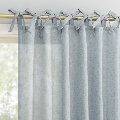 50"x84" Sun Zero Roxy Slub Texture Tacked Bow Semi-Sheer Tie Top Curtain Panel Faded Blue | Target